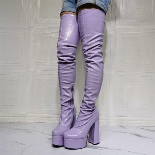 Thick Heel Platform Elastic Boots Over The Knee Boots Thigh High Boot Purple Patent Leather Fashion Woman Long Boots Botas Mujer
