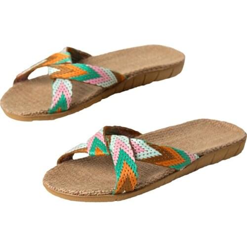 Women Flax Slippers Sandals Summer Comfortable Non-slip Ladies Home Flip Flop Cross-tied Casual Indoor Shoes Woman Multicolor