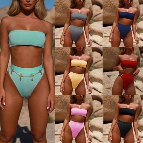 Womens Sexy 2 Piece Bikini Set Strapless Bandeau Removable Pad Swimsuit High Waist Thong Solid Color Bathing Suit