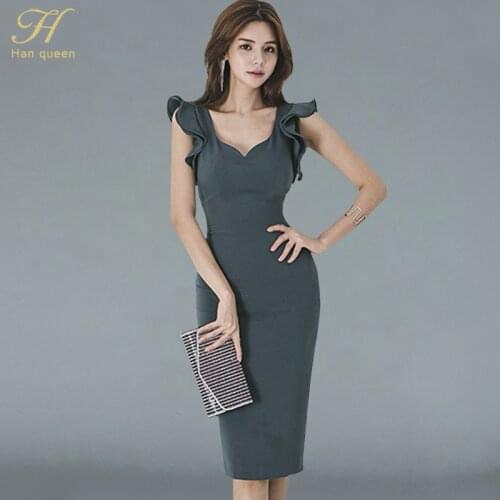 H Han Queen New Summer Women Vintage Sexy V-neck Sleeveless Work Business Office Party Bodycon Pencil Sheath Dress