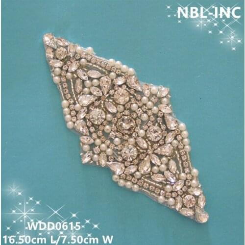 30PCS) Wholesale handmade beaded sewing bridal silver clear rhinestone pearl applique for wedding dresses WDD0615