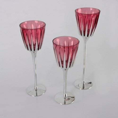 ACAR 3 Pcs Red Color Glass Goblet Candlestick-Triple Glass Goblet-Candle Holder-Candlestick