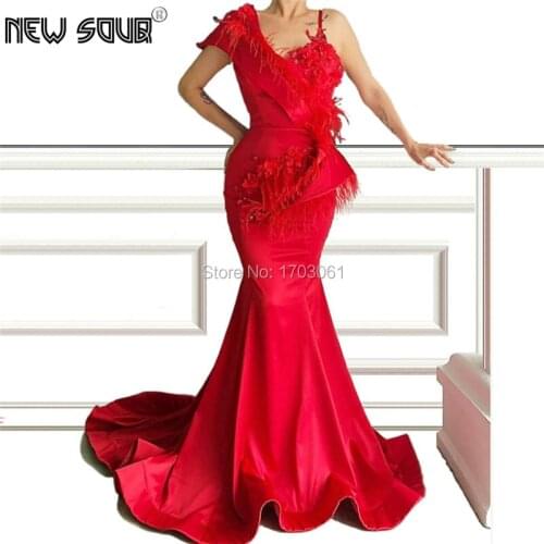 Arabic Kaftan Red Mermaid Evening Dresses Feather Formal Prom Dress Islamic Turkish Dubai Long Party Gown 2019 Robe De Soiree