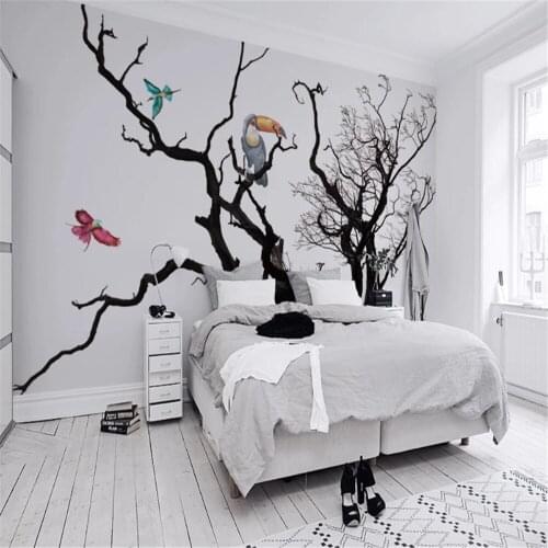 Milofi custom photo wallpaper mural Nordic black and white artistic conception big tree flying bird parrot background wall