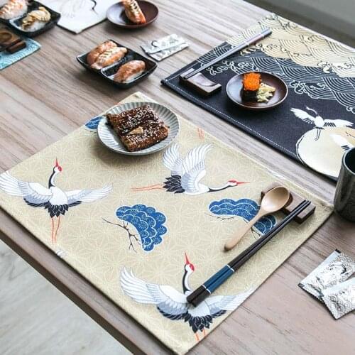 Japanese Crane Maneki Neko Pattern Table Placemats Cotton Linen Home Accessories Kitchen Cute Cat Pad Coffee Tea Cup Place Mats