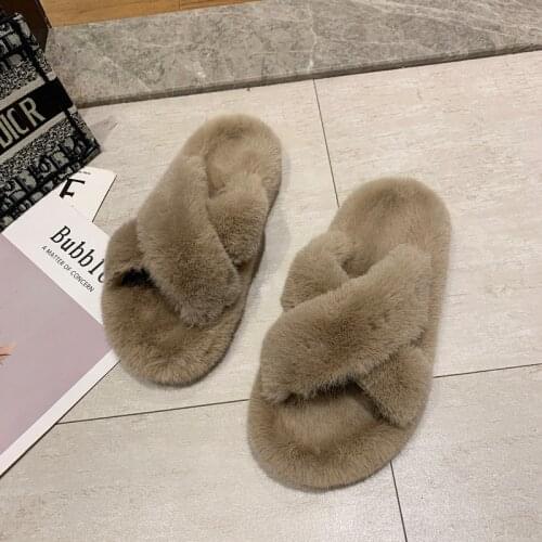 Fur Slippers Women Shoes Winter Faux Rabbit Fur Plush Slippers EVA Sole Female Home Cross Strap Furry Slides 34-41