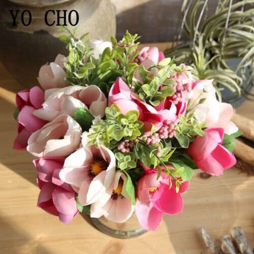 Mini Magnolia Bouquet Artificial Flowers Fake Silk Orchid Pink Wedding Flowers Spring Garden Home Table Decor Artificial Flowers