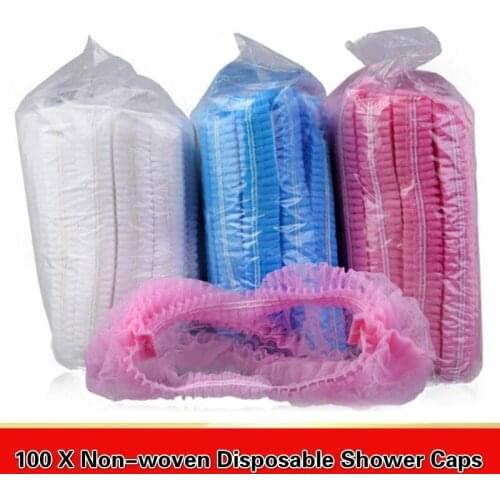 100 X Non-woven Disposable Shower Caps Elastic Pleated Anti Dust Hat for Hair Salon Blue Pink White Shower Caps 223-A710