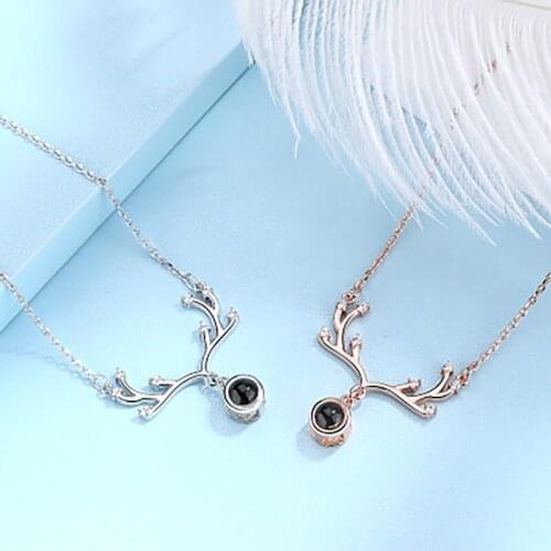 Lucky Deer Horn Projection Necklace 100 Languages I Love You Romantic Rose Gold Color Short Necklaces & Pendants Christmas Gifts