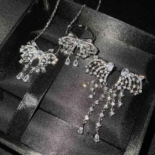 QTT Brilliant Butterfly Jewelry Sets Exquisite Dangle Earrings Choker Necklace Ring Temperament Bride Ladies Jewelry Gift Sets