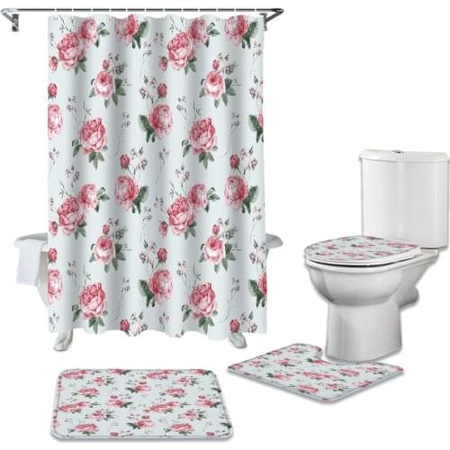 Pink Rose Flower Watercolor Painting Durable Waterproof Shower Curtain Set Bathroom Rugs Carpet Toilet Seat Cover Pad Floor Mat