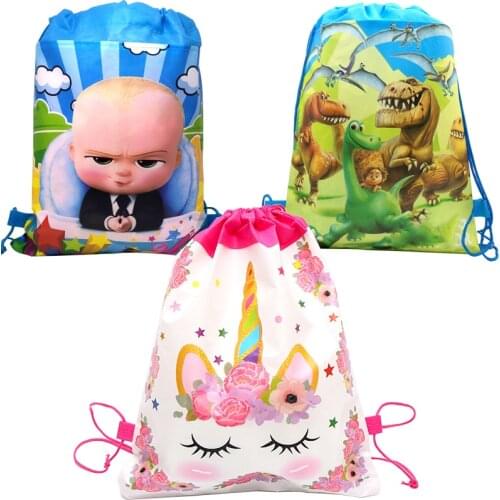 10pcs/lot Dinosaur Unicorn Backpack Boss Baby Football Theme Decorations Mochila Happy Birthday Party Drawstring Gifts Bags