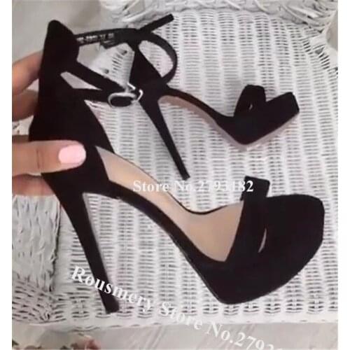 Women Elegant Open Toe Suede Leather High Platform Stiletto Heel Sandals Black Ankle Strap High Heel Sandals Dress Heels