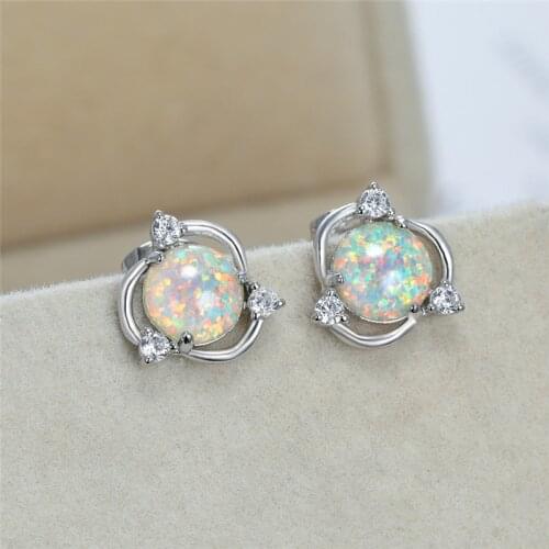 Dainty Female White Opal Stone Earring Charm Round Crystal Small Stud Earrings Rose Gold Silver Color Wedding Earrings For Women