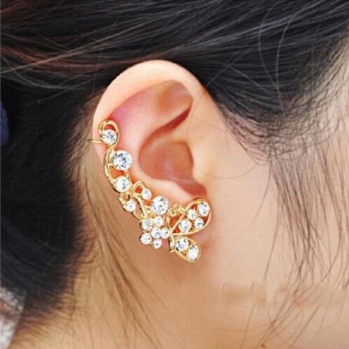 Trendy Crystal Butterfly Flower Clip Earring Ear Cuff Earring Wrap Clip On For Right Ear