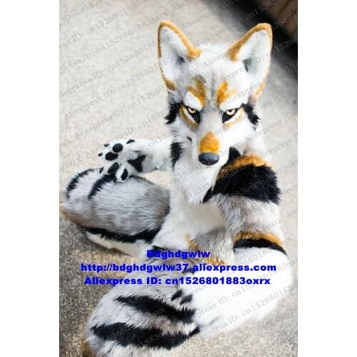 Grey White Long Fur Furry Husky Dog Wolf Fox Fursuit Mascot Costume Adult Cartoon Character Festival Gift Cute Lovable zx2916