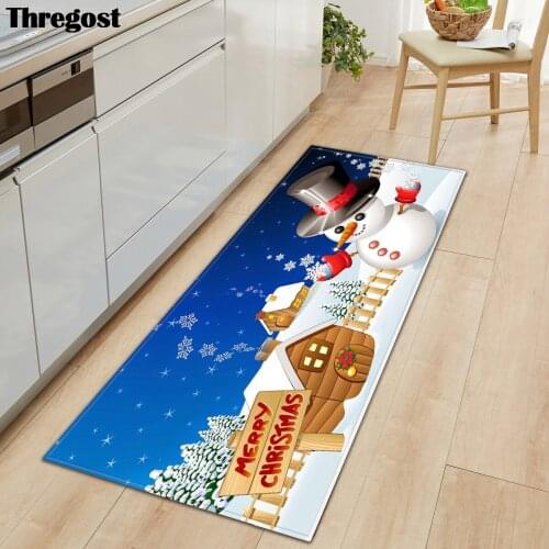 Thregost Merry Christmas Mat Printed Suede Microfiber Welcome Doormat Long Kitchen Carpet Anti-slip Shower Toilet Rugs
