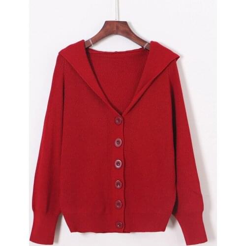 V-neck Knitted Cardigan Womens Thick Hooded Red Sweater Girl Loose Autumn Cute Knitwear Women Long Sleeve Top Sweaters Ladies
