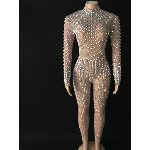 Bright Pearls Crystals Mesh Jumpsuits Sexy Rhinestones Perspective Bodysuit Stage Dance Wear Celebrate Shining Costume YOUDU