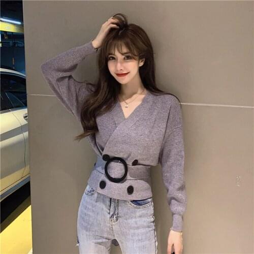 New Ladies Double-Breasted Black Knitwear Womens Autumn Long Sleeve Belt Tunic Cardigan Sweater Tops Sexy V-Neck Knitting Shirt