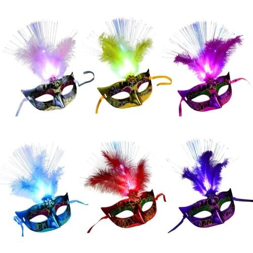 Women Venetian LED Fiber Mask Masquerade Dress Party Princess Feather Masks For Costume Party Toys For Adults Kids Girls