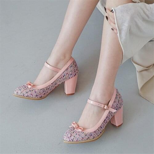 2019 New comfy Mary Jane High Heel Shoes Fashion Round Toe Buckle Shoes Women Cute Bow Knot Square Heel Pumps Black Pink Beige