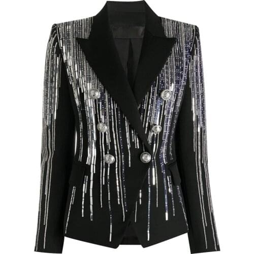 New Female Heavy Beaded Jackets Women Coat Double Breasted Metal Sequined Slim Ladies Suit Blazer Women 2021 Spring High Quality