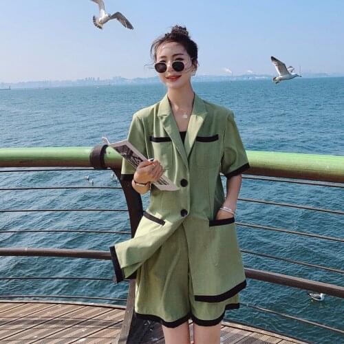 2021 Summer Women Blazer and Shorts 2 Piece Sets Elegant Fashion Slim Casual Wide Leg Shorts Short Sleeve Suit Coat Chic Outfits