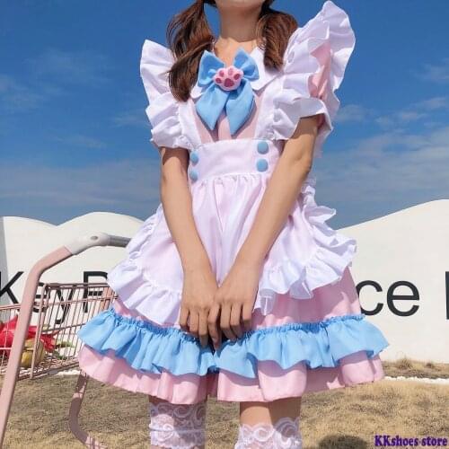 Women Maid Outfit Anime Cute Cat Pink Blue Lace Trim Apron Cat Paw Lolita Dresses Cosplay Costume Full Set Plus Size 4XL