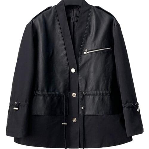 2021 Autumn New Port Style Leather Clothes Womens Waist Closing V-neck Sheep Skin Splicing Korean Casual Coat Trend