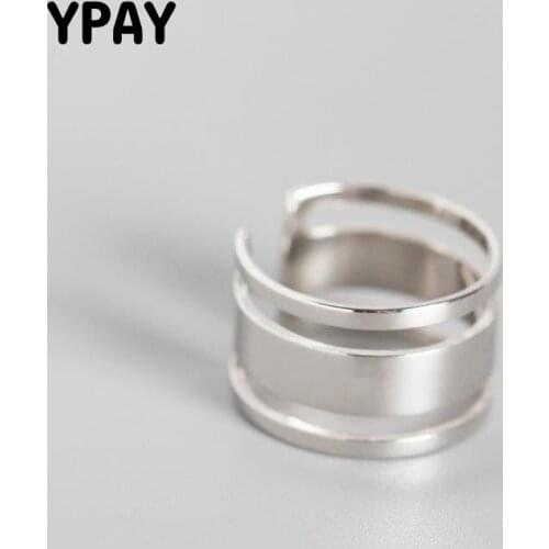 YPAY Genuine 925 Sterling Silver Open Rings for Women Korea INS Three-Rows Wide Adjustable Ring Fine Party Jewelry Gift YMR909