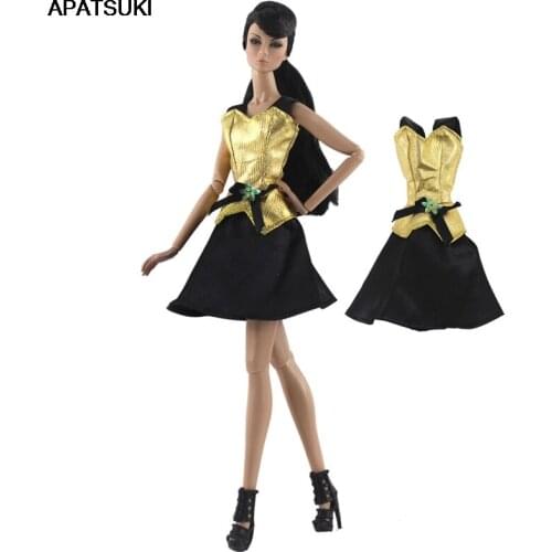 Gold Black Fashion Short Dress For Barbie Doll Clothes Outfits Party Gown For Barbie Dollhouse 1/6 Doll Accessories Child Toy