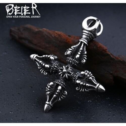 Beier Stainless Steel Cross flower Drop the magic pestle Pendant Chain Necklace men Jewelry LLBP8-155P