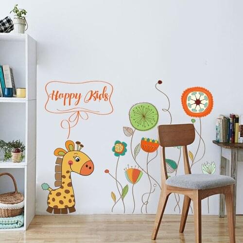 Cartoon giraffe flowers large wall stickers decals childrens room decor diy mural wallpaper removable