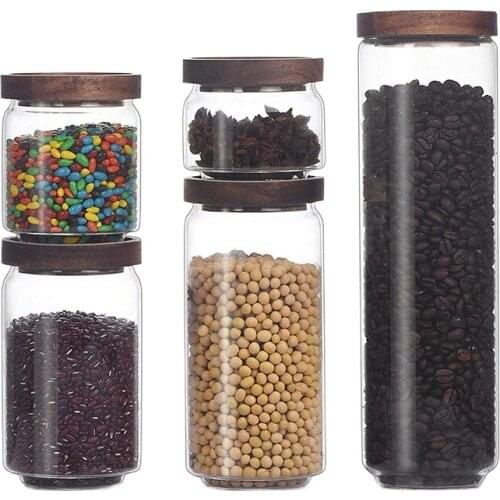 Can Be Superimposed 250-1550ml Storage Tank with Acacia Wooden Lid Jar Snack Coffee Bean Nut Cereal Milk Powder Food Storage Box