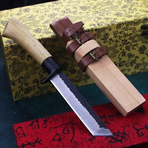 Raw wood shank hunting square head straight knife high carbon steel tactical straight knife jungle rescue knife defensive knife