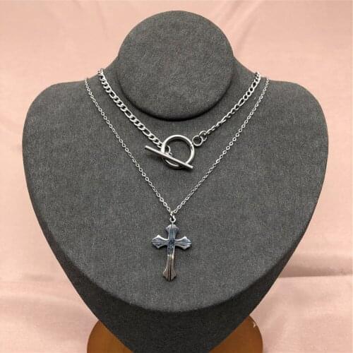 Stainless Steel Color Trendy Wild Double Layer Necklace For Women Jesus Catholicism Cross Pendant Necklace Jewelry On The Neck