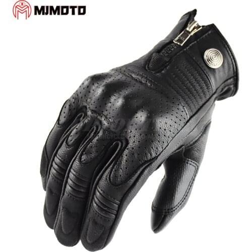 Vintage Brown Genuine Leather Motorcycle Gloves Perforated Breathable Mesh Retro Black Scooter Glove Motocross MTB Gloves Summer