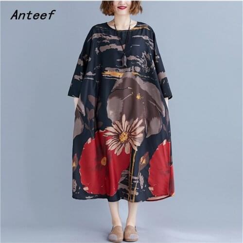 Satin vintage floral dresses for women casual loose long woman summer spring autumn elegant dress clothes 2021