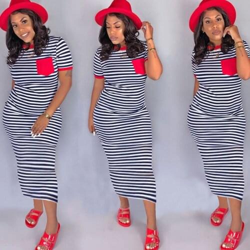 Black White Striped Casual Bodycon Maxi Dress Women Clothes O-neck Short Sleeve Summer Dress Pocket Leisure Long Dress Vestidos