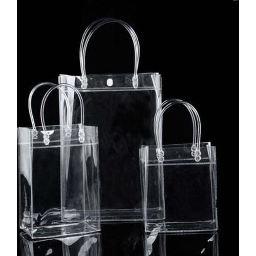 1PCs PVC Transparent Gift Bags With Handles Fashion PP Bags With Button Clear Handbag Party Favors Bag Wine Packaging Bags S/M/L