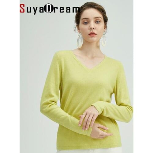 SuyaDream Women Sweaters 87%Cashmere 13%Silk V neck Comfortable Pullovers Solid Basic Sweaters 2021 Fall Winter Top