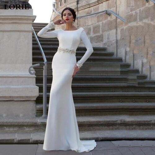 LORIE Long Sleeve Mermaid wedding dress Princess Bride Dress Appliqued Lace Backless Satin Dubai Wedding Gowns Vestido de Voiva