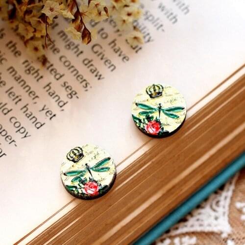 Unique 3D Embossed 16mm Round Coloured Drawing pattern Laser Cut wood Cabochon DIY for Rings, Earring,Brooch,Necklace-342