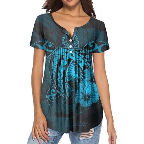 HYCOOL Blue Polynesian Sea Turtle Print Women Button Down Blouse Custom Women Short Sleeve Pleated Buckle Shirt Ladies Tops 2021