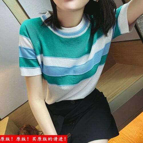 2021 Spring And Summer New Ice Silk Short Sleeve T-shirt Womens Thin Knitting Loose Stripe Top