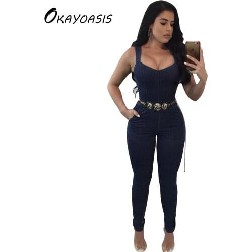 OKAYOASIS Free Shipping Jeans Women Jumpsuit Denim Romper Overalls Casual Long Trousers Denim Pants Skinny Rompers