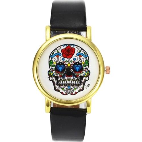 Skull Rose Flower Skeleton Halloween Women Mens Fashion Creative Watches PU Leather Watchband Wrist Watch