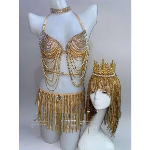 Women party girl stage dance wear Sexy gold silver chain pearl bikini costume Female singer crown costumes
