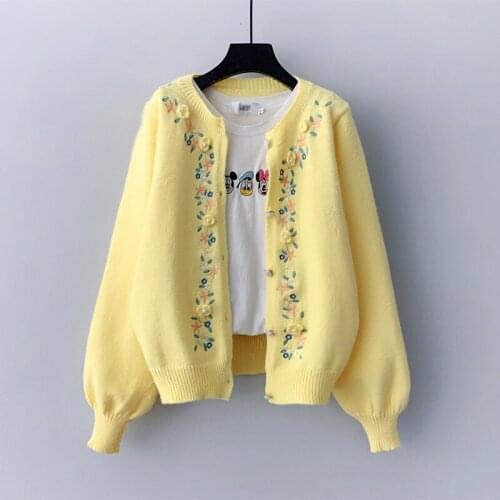 2021 white manual flower embroidery cardigan sweater womens single breasted knitted jacket coat fashion Mori Girl sweater